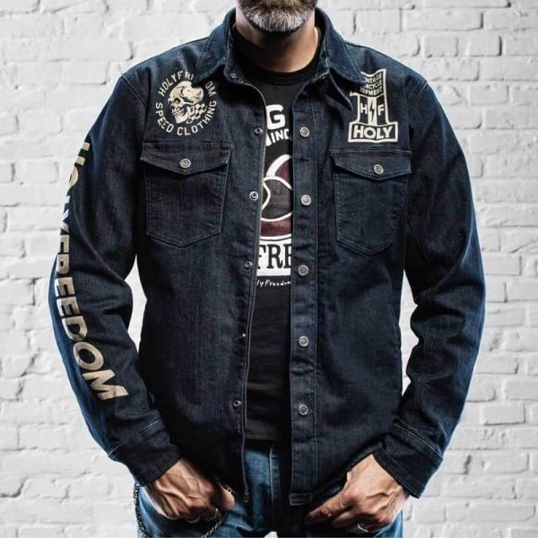 Giacca moto jeans Holy Freedom Genoa stampato