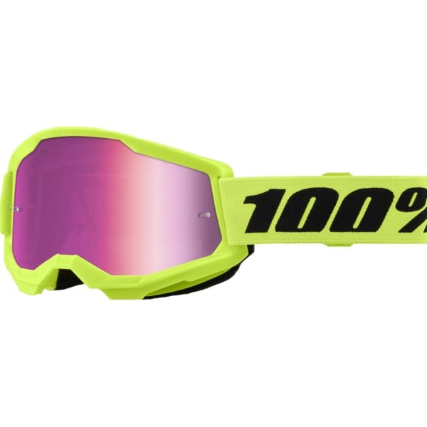 100% Strata 2 Neon yellow goggle with pink mirror lens